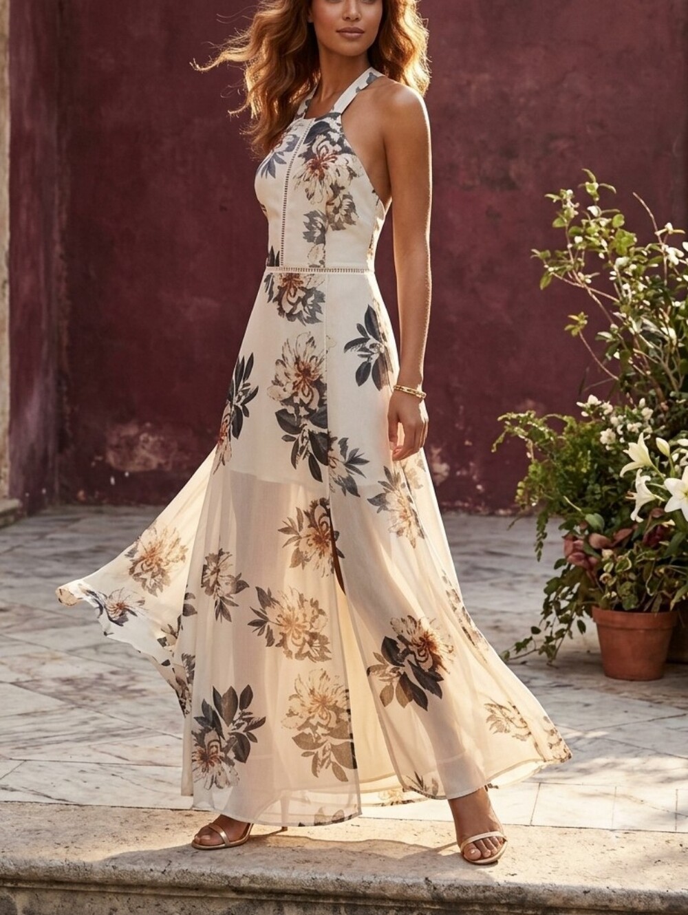 Source Unknown Cream Floral Halter Maxi Dress with Brown Accents